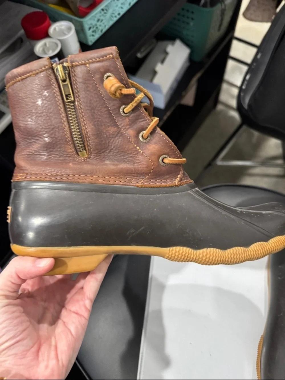 Sperry Two-Tone Brown Leather and Black Rubber Duck Boots